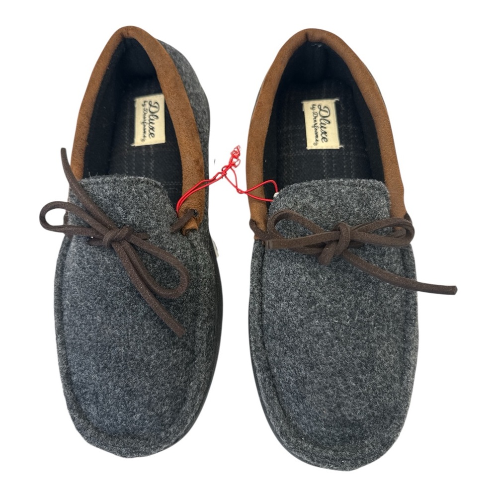 Dearfoams Men's‎ Deluxe House Slippers Comfort Gray and Brown, Size 7-8 Small